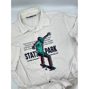 Zara Skate Park Graphic Button Up Shirt Mens Large Short Sleeve